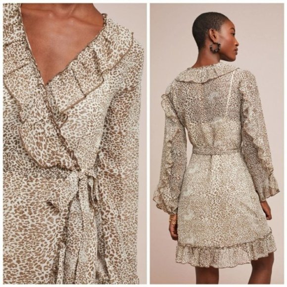 Anthropologie Dresses & Skirts - RANNA GILL leopard print faux wrap ruffled chiffon dress